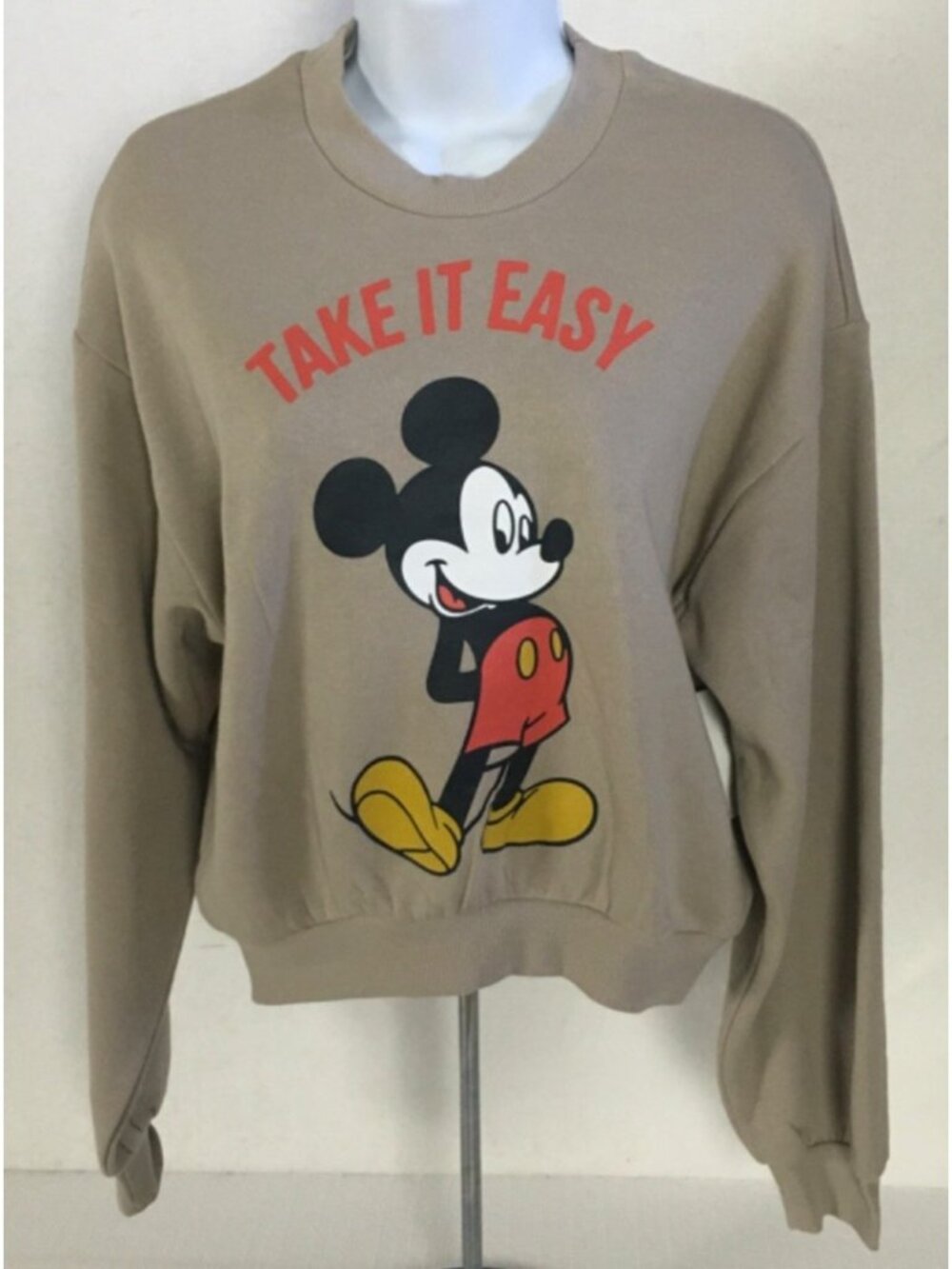 Disney Sweatshirt Size SM Lt Brown w Take It Easy n Mickey Mouse Front Back New